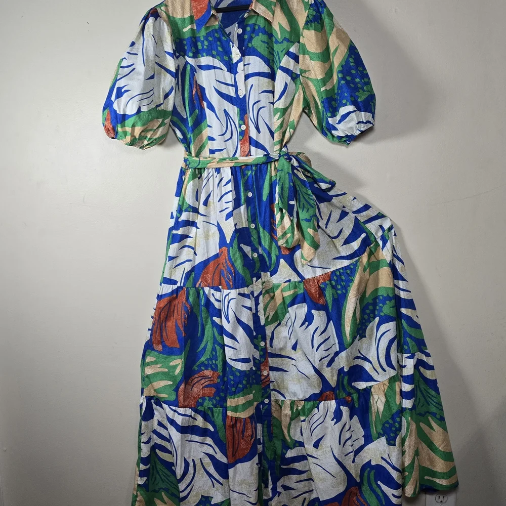 Flying Tomato Vibrant Leaf Print Maxi Dress 100% Cotton Size Large. - Picture 11 of 14